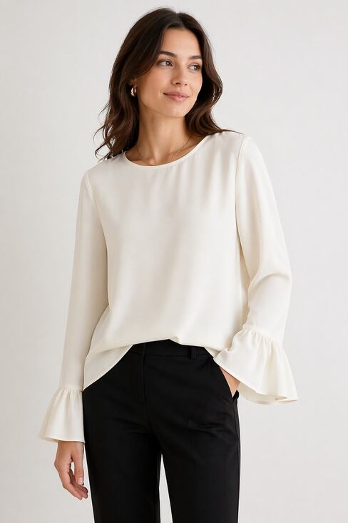 J. Crew Tops - J Crew Womens Large Ivory Bell Sleeve Blouse Ruffle Cuff Keyhole Back Top